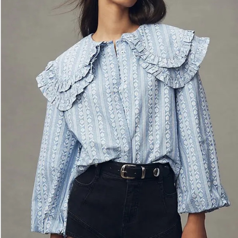 Damson Madder Lois Blue Ruffled Double Collar Blouse